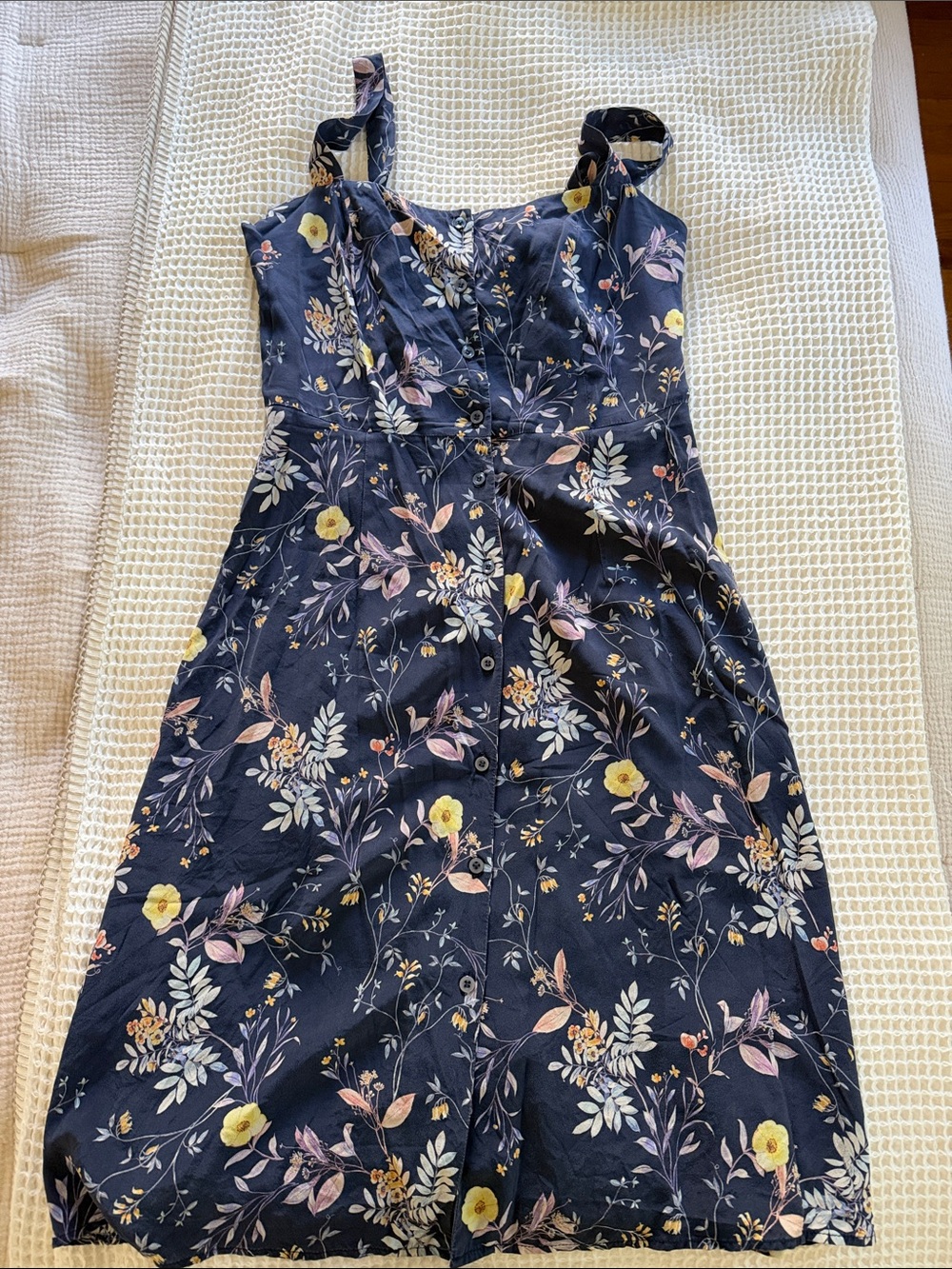 Amour Vert Navy Floral Midi Dress with Yellow & Blush Accents